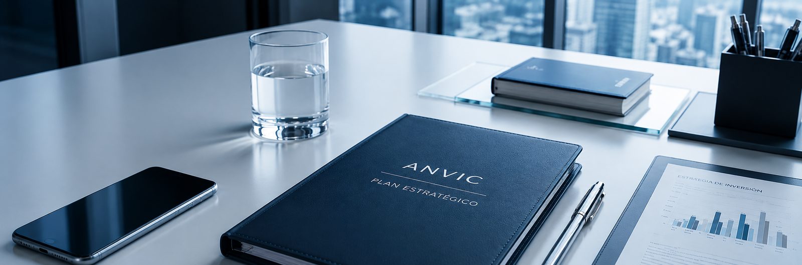 Carpeta ANVIC Plan Estratégico sobre mesa de trabajo con skyline de fondo